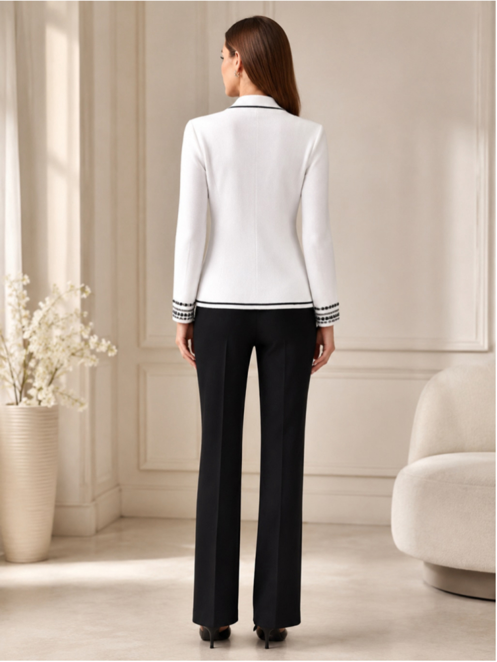 White & Black Rhinestone Cuff One-Button Knit Sweater Jacket - Picture 3 of 10